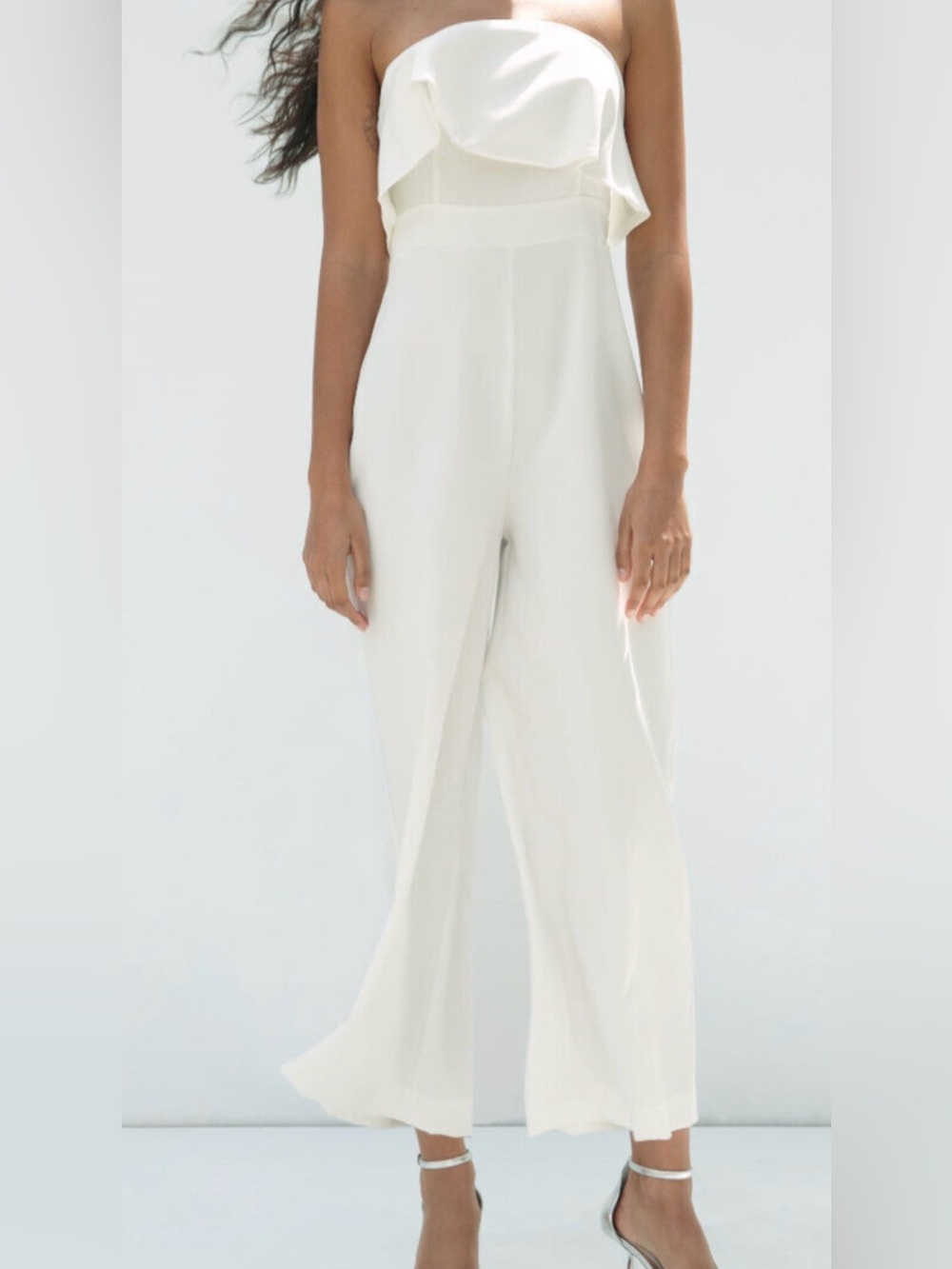 Zara Off-White Strapless Ruffle-Waist Wide-Leg Jumpsuit